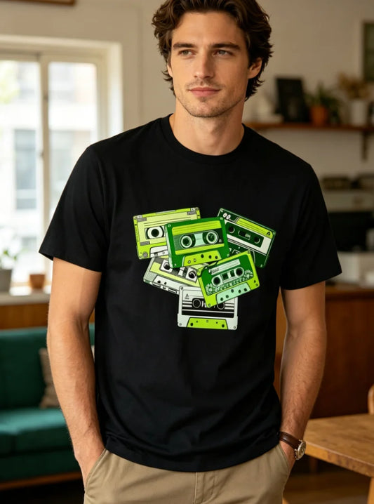 Vintage Graphic T-Shirt Featuring Retro Tape Design From TheMade From Soft Crew Neck Tee Showcases A Nostalgic Green and T-Shirt