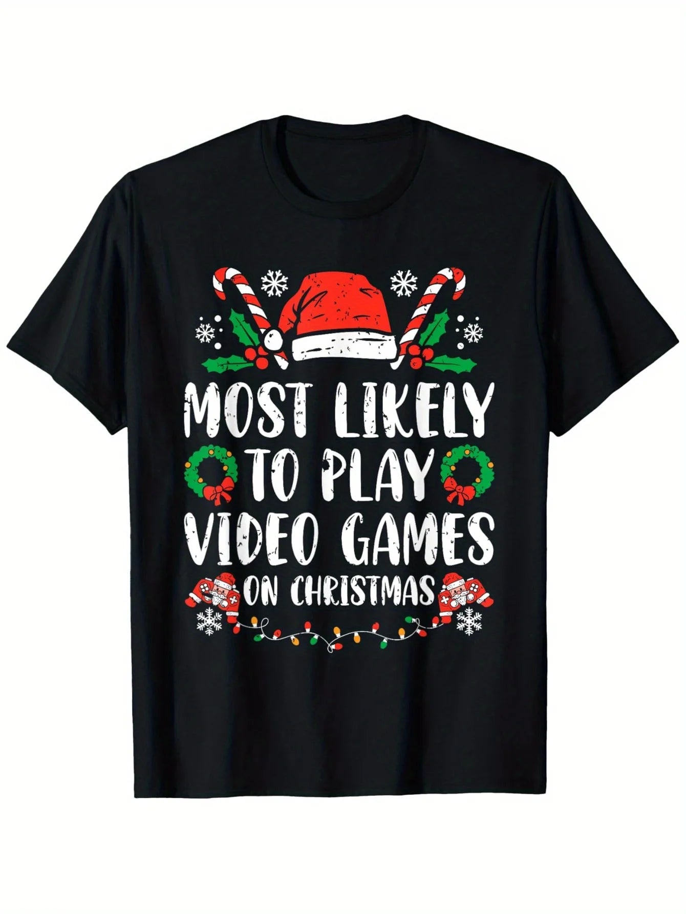 Funny Men's Black Graphic T-Shirt Santa Hat Candy Cane Snowflake Wreath Video Games Bold Letter Print 100% Cotton Heavyweight Short Sleeve Casual Streetwear Tee
