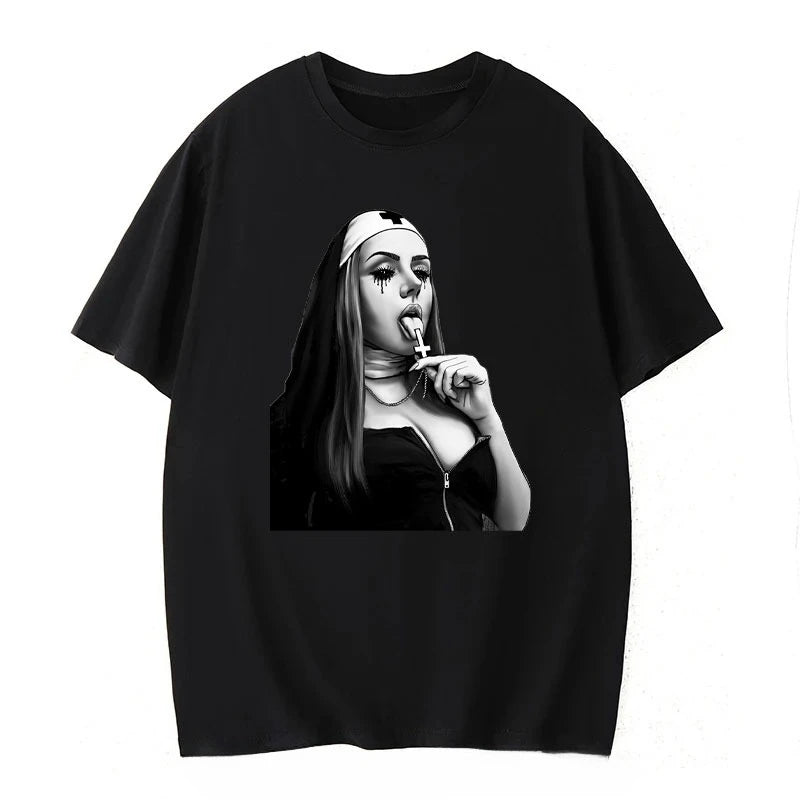 HOT SALE Cartoon Nun No Religion with Brooch Man T Shirt Satan Church Anton Lavie Satan Mystery Goth T Shirt Classic Girl Top