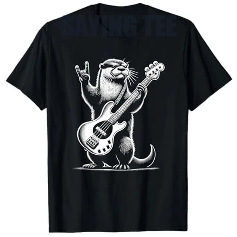 HOT SALE Rock Otter Plays Guitar T-shirt Squirrel Plays Guitar Street Wear Rock Cat Music Graphics Say Tee Novelty Soft T-shirt