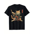 item picture mens samurai cat japanese graphic t shirt 180gsm heavy tee black with orange blue details casual everyday streetwear for anime machine washable clothing street tee high