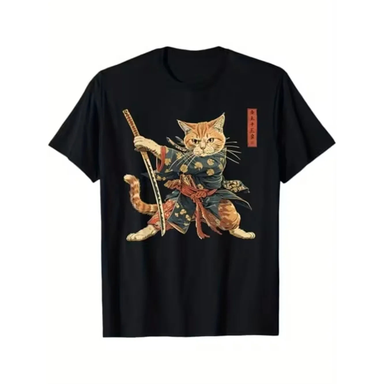 item picture mens samurai cat japanese graphic t shirt 180gsm heavy tee black with orange blue details casual everyday streetwear for anime machine washable clothing street tee high