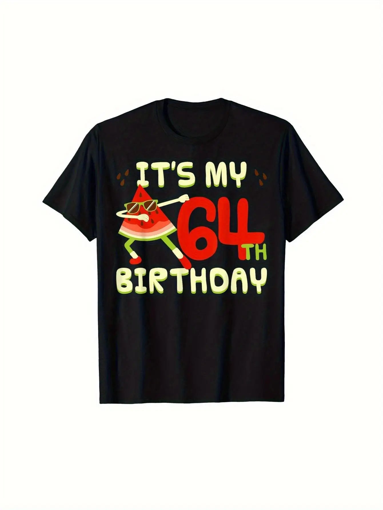 Funny Men's Black Graphic T-Shirt Watermelon Slice Sunglasses Dancing 64Th Birthday Bold Number Letter Print 100% Cotton Heavyweight Short Sleeve Casual Streetwear Tee