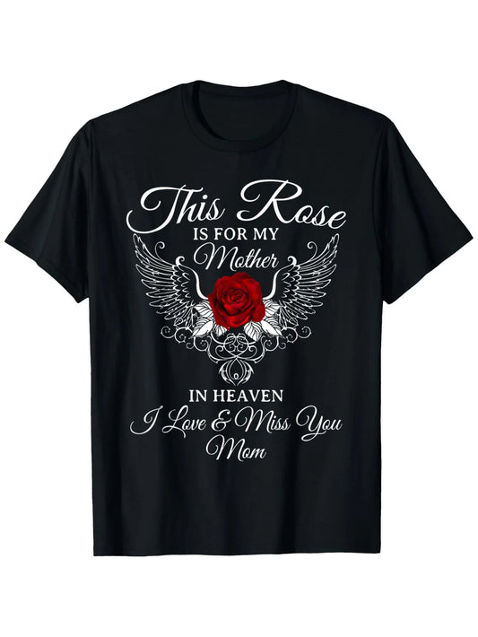 Plus Size- Elegant "This Rose Is for My Mother" Commemorative T-shirt, Round Neck, Short Sleeves, with Angel Wings and Red Rose Pattern- Casual Style, Machine Washable, Patterned Design, Artificial Intelligence Men's T-shirt, 2026 Funny Men's T-shi