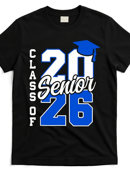 Trendy Men's Black Graphic T-Shirt Class of 2026 Senior Blue Number Print Graduation Cap Bold Typography 100% Cotton Heavyweight Short Sleeve Casual Streetwear Tee