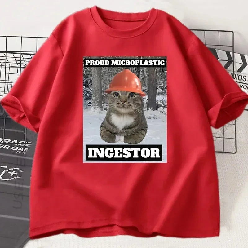 Cat Meme T Shirt Proud Microplastic Cat T-Shirt Short Sleeve Graphic Tee Cotton Casual O Neck Fashion T-shirt Streetwearw Unisex