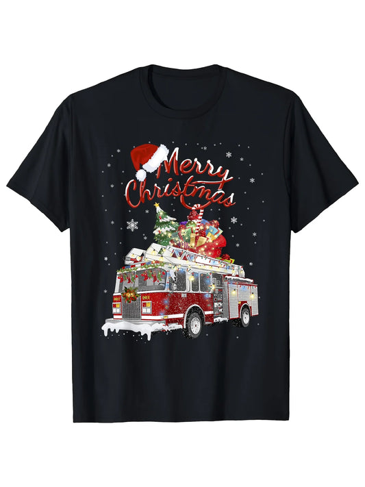 A Humorous T-Shirt Featuring a Firetruck, Santa, And a Firefighter, Perfect for Christmas. This Casual And Comfy Round-Neck Tee Is Suitable for All Seasons, Weighing 220G. It'S a Trendy Choice for Men, Made from Pure with a Stylish Print