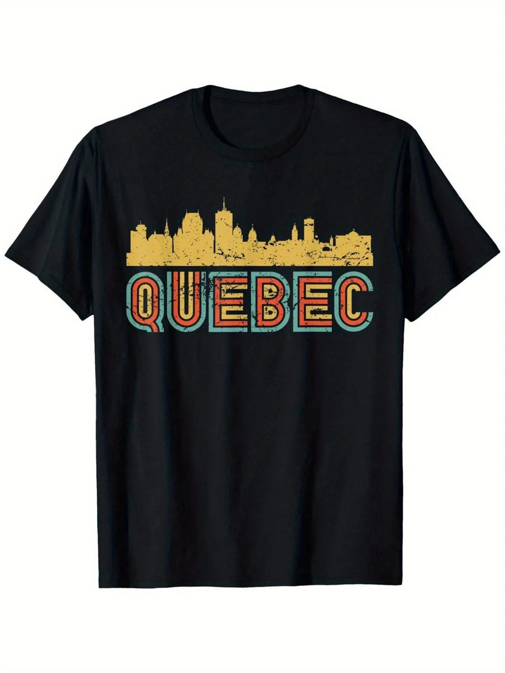 Vintage Men's Black Graphic T-Shirt Quebec Skyline City Silhouette Retro Bold Letter Print Travel Graphic 100% Cotton Heavyweight Short Sleeve Casual Streetwear Tee