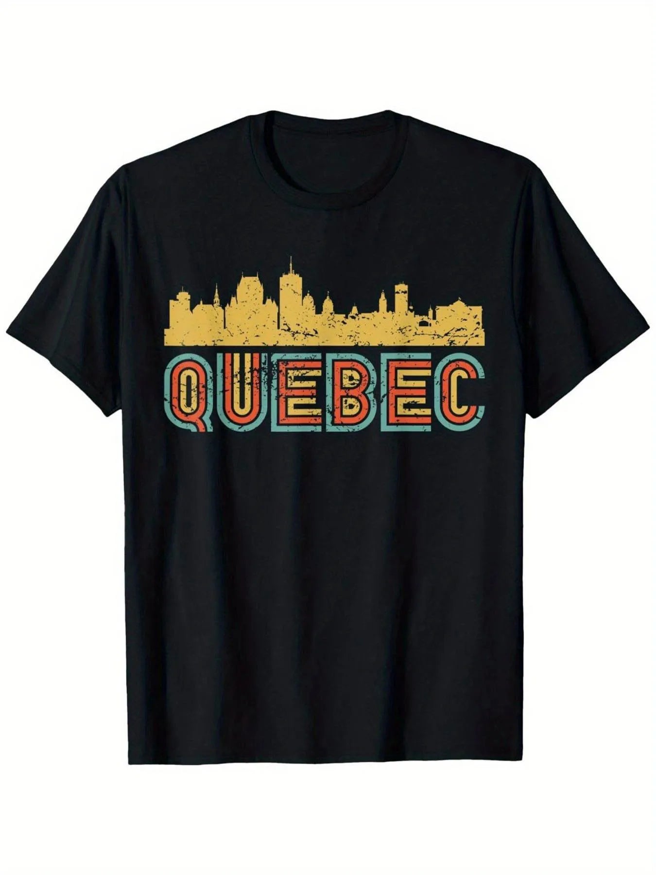 Vintage Men's Black Graphic T-Shirt Quebec Skyline City Silhouette Retro Bold Letter Print Travel Graphic 100% Cotton Heavyweight Short Sleeve Casual Streetwear Tee
