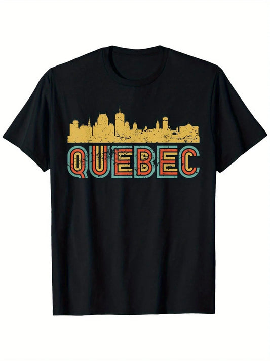Vintage Men's Black Graphic T-Shirt Quebec Skyline City Silhouette Retro Bold Letter Print Travel Graphic 100% Cotton Heavyweight Short Sleeve Casual Streetwear Tee