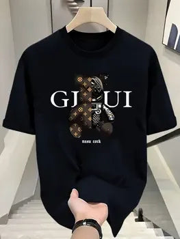 American Streetwear Brand's Heavyweight Pure Cotton Short-sleeved T-shirt Men Loose Plus-size Summer Retro Bear Versatile Top