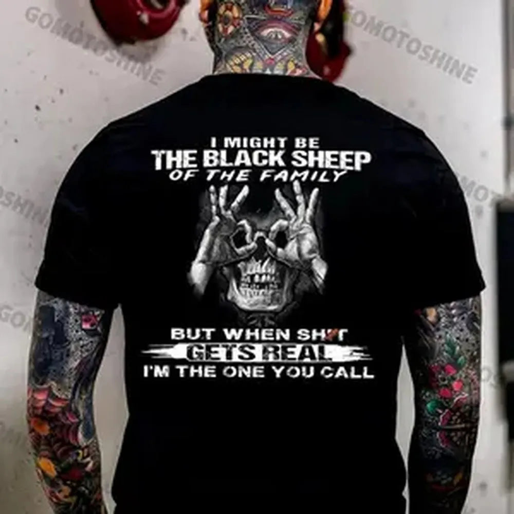 Men's Classic Cotton Crew Neck Tshirt - "I Might Be The Black Sheep Of The Family" Skull Print, Unisex Cut, Short-Sleeve, Casual Wear Sports Top