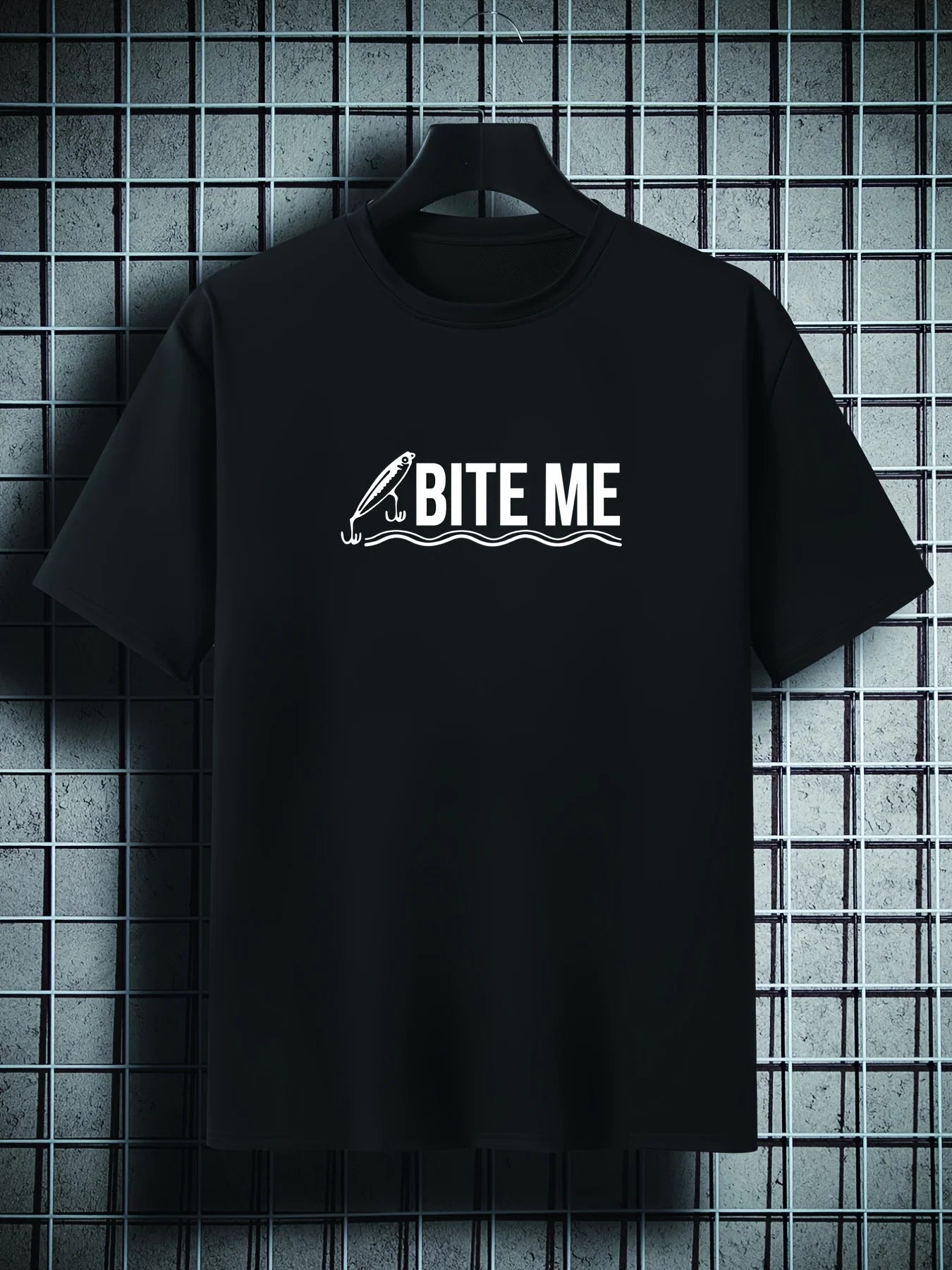 Funny Men's Black Graphic T-Shirt Fish Hook Bite Me Bold Letter Fishing Humor Wave Line Print 100% Cotton Heavyweight Short Sleeve Casual Streetwear Tee