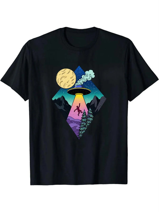 Retro Men's Black Graphic T-Shirt Ufo Moon Mountain Pine Tree Alien Abduction Night Sky Vintage Print 100% Cotton Heavyweight Short Sleeve Casual Streetwear Tee