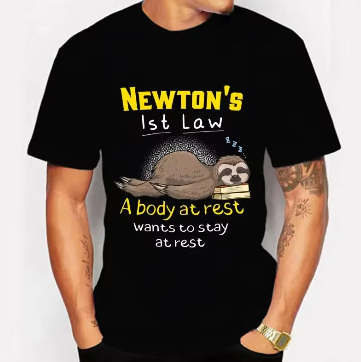Funny Physics Joke Sloth Print T-shirt for Men Clothes Black Male T-shirts Summer Streetwear Men Unisex Oversized T Shirt Homme