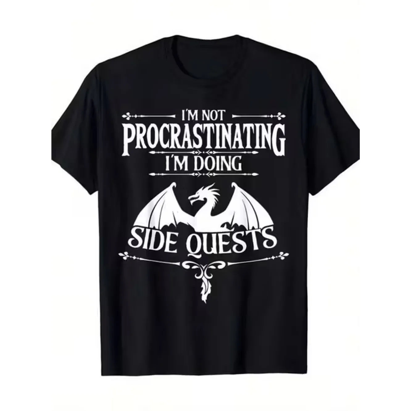 item picture mens funny gaming t shirt im not procrastinating im doing side with dragon silhouette d d inspired slogan casual round neck tee for tabletop rpg fans fantasy lovers role playing enthusiasts