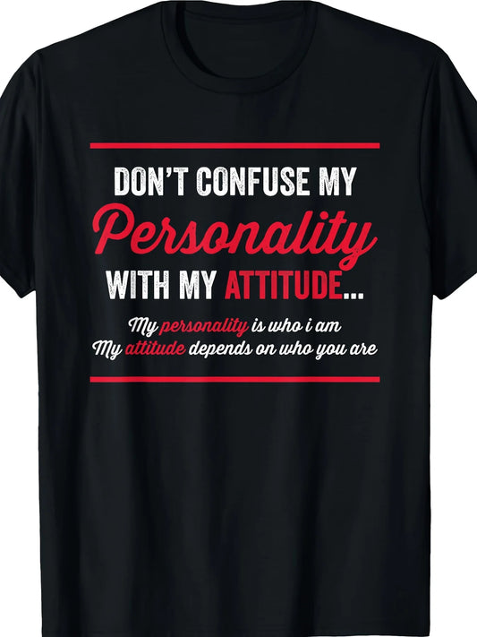 [Funny Graphic T-Shirt] Men's Humorous Sarcastic T-Shirt - "Don't Confuse My Personality with My Attitude" - Retro Style, Black with Red and White Text, Casual Crew Neck, Breathable Regular Fit, Machine Washable, All-Season, Funny Graphic T Shirt