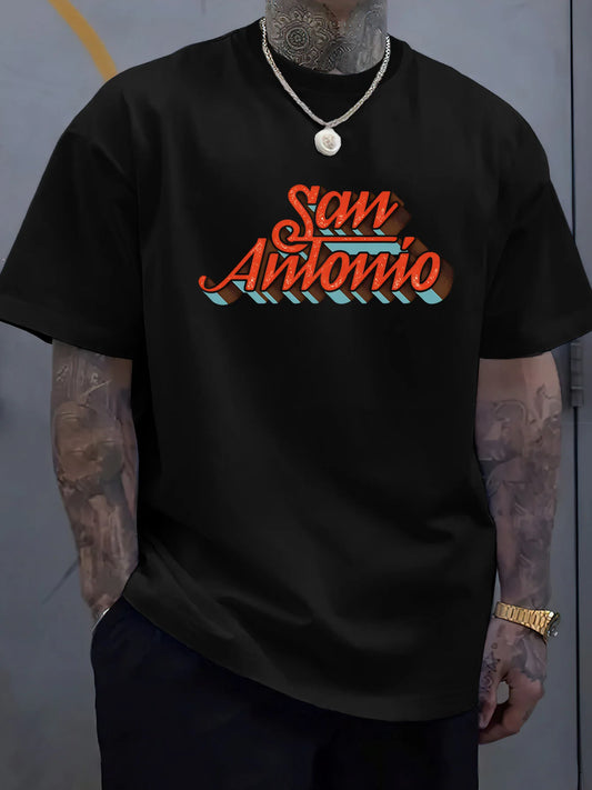 Vintage Men's Black Graphic T-Shirt San Antonio Retro Script City Name Bold Letter Print 100% Cotton Heavyweight Short Sleeve Casual Streetwear Tee