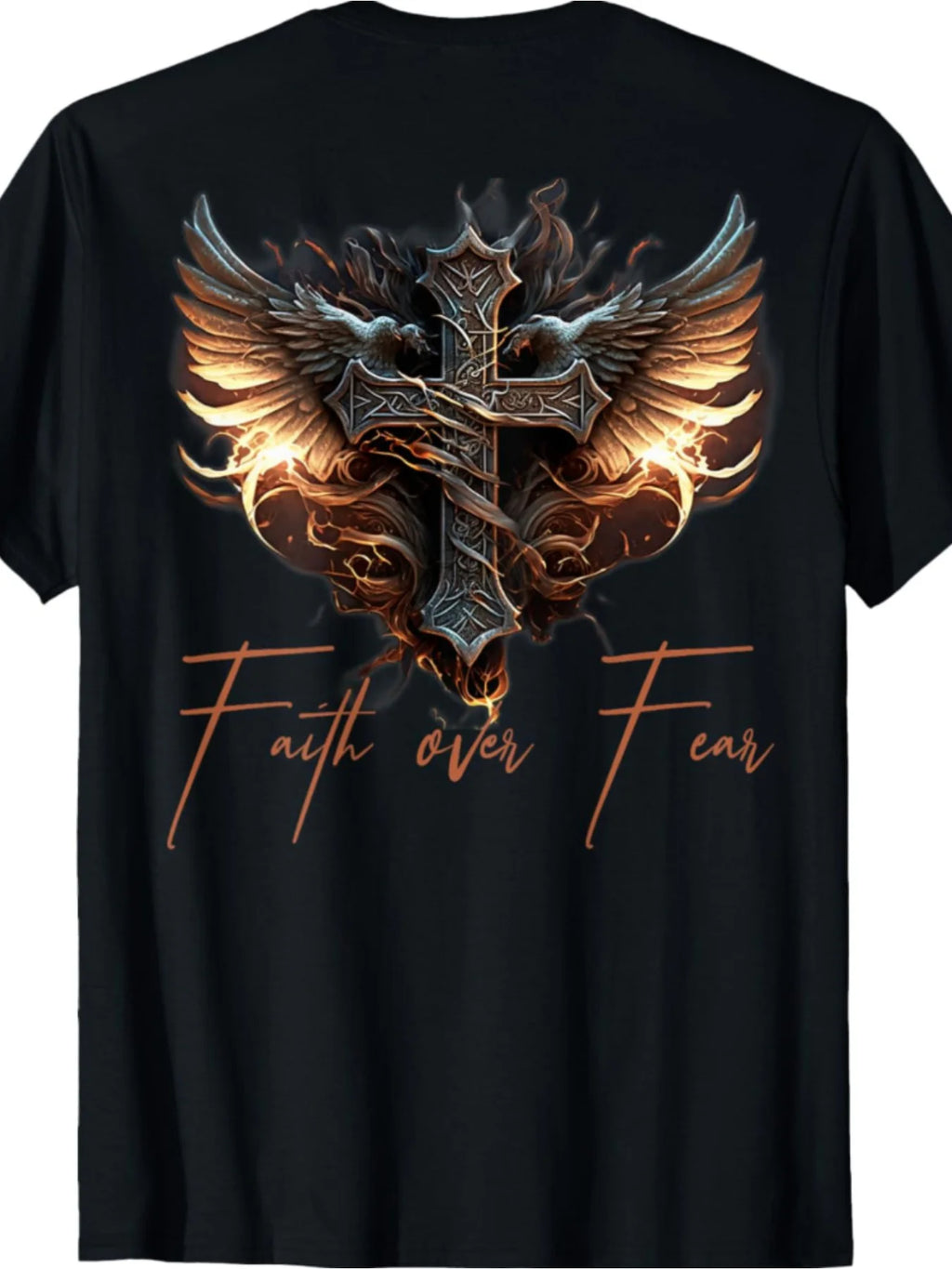 Men's Faith Over Fear T-Shirt with Fiery Eagle Wings & Ornate Cross Design - Black Cotton Short Sleeve Round Neck Casual Shirt Suitable for Casual Attire, Church Events, Gym, and Year-Round