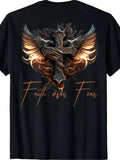 Men's Faith Over Fear T-Shirt with Fiery Eagle Wings & Ornate Cross Design - Black Cotton Short Sleeve Round Neck Casual Shirt Suitable for Casual Attire, Church Events, Gym, and Year-Round