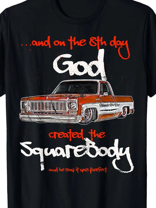 T-Shirt, Vintage Black, Featuring Red And White Design with The Phrase "...And on The Eighth Day, God Created The Square Head Card", Ideal Gift for Car Lovers And Fans of Retro Aesthetics