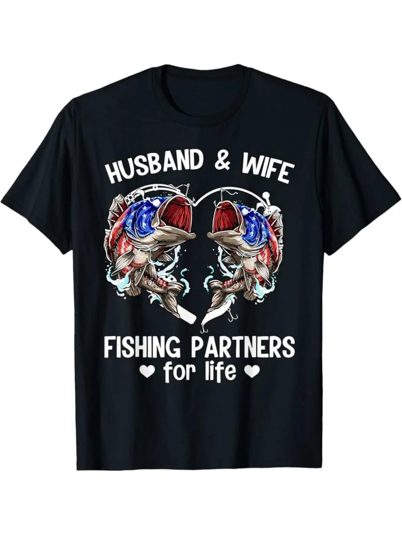 Men's Fun Fishing Couple T-Shirt-Husband Wife Fishing Lifetime Companion Pair T-Shirt-Heavy Weight 180gsm100 Cotton T-shirt-Fun Fishing Pattern Includes Fish and Rod-Fishing Travel Anniversary