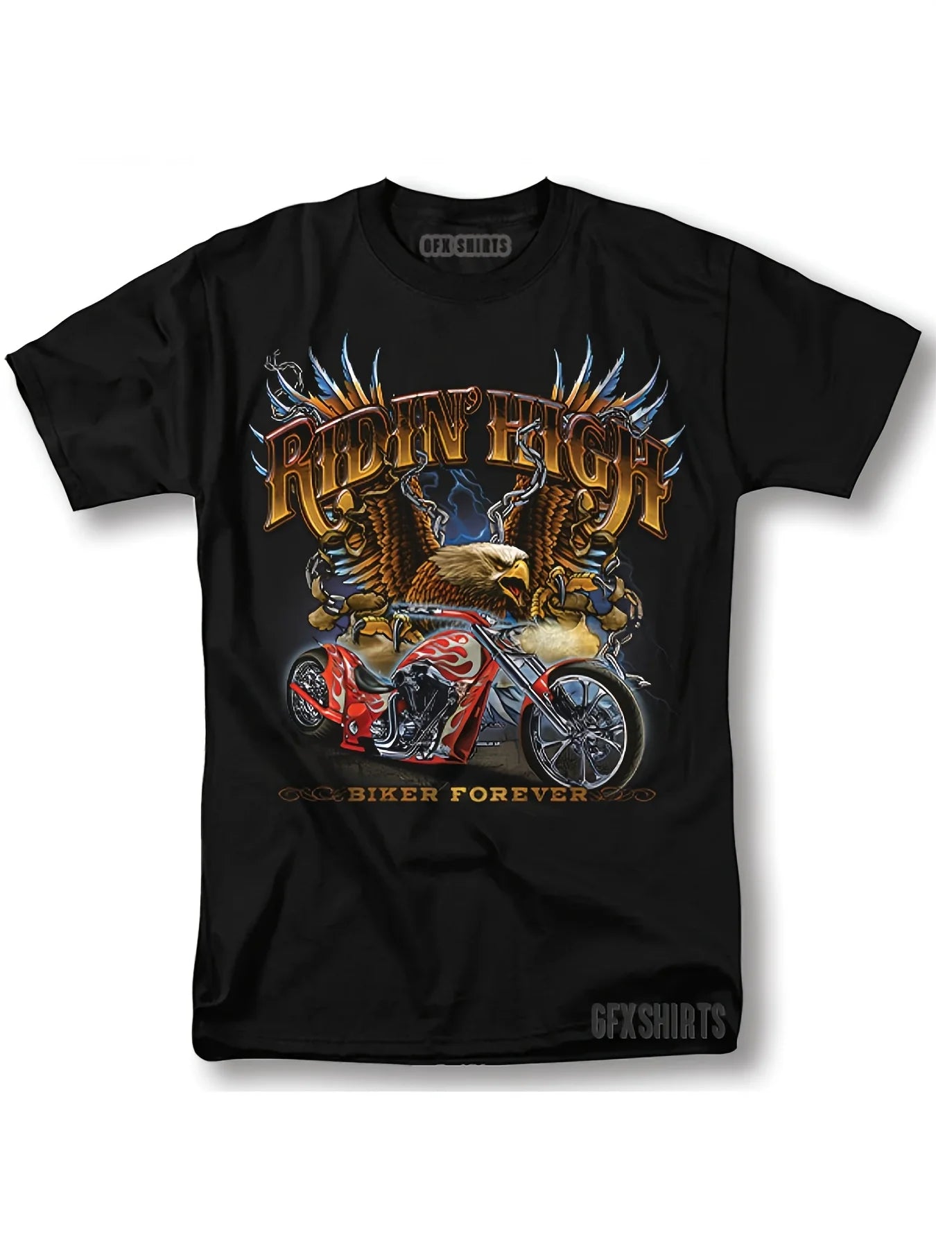 's Biker Classic Motorcycle T-Shirt - Black Retro Motorcycle Racing Tee with Eagle, Flame & Rider HD Graphic Print, Medium Stretch All-Season Comfort, Machine Washable Casual Biker Apparel for Motorcycle Enthusiasts (Motorcycle