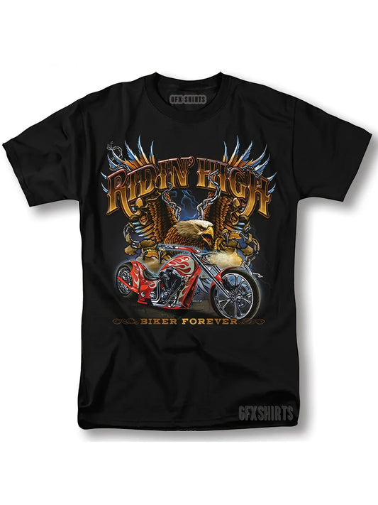 's Biker Classic Motorcycle T-Shirt - Black Retro Motorcycle Racing Tee with Eagle, Flame & Rider HD Graphic Print, Medium Stretch All-Season Comfort, Machine Washable Casual Biker Apparel for Motorcycle Enthusiasts (Motorcycle