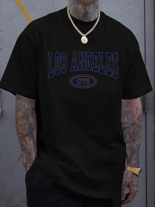 Streetwear Men's Black Graphic T-Shirt Los Angeles 1776 Varsity Letter Print Oval Badge College Typography Retro Graphic 100% Cotton Heavyweight Short Sleeve Casual Streetwear Tee