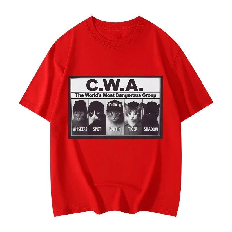 HOT SALE CWA The Worlds Most Dangerous Group Funny Cat Meme Graphic T Shirts Fashion Vintage Short Sleeve T-shirt Cotton T-shirt