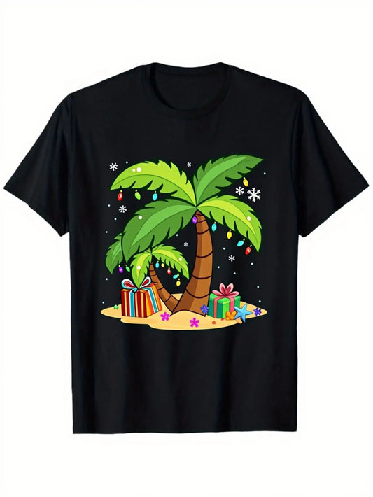 Vacation Men's Black Graphic T-Shirt Palm Tree Beach Island Gift Box Snowflake Holiday Lights Tropical Christmas Print 100% Cotton Heavyweight Short Sleeve Casual Streetwear Tee