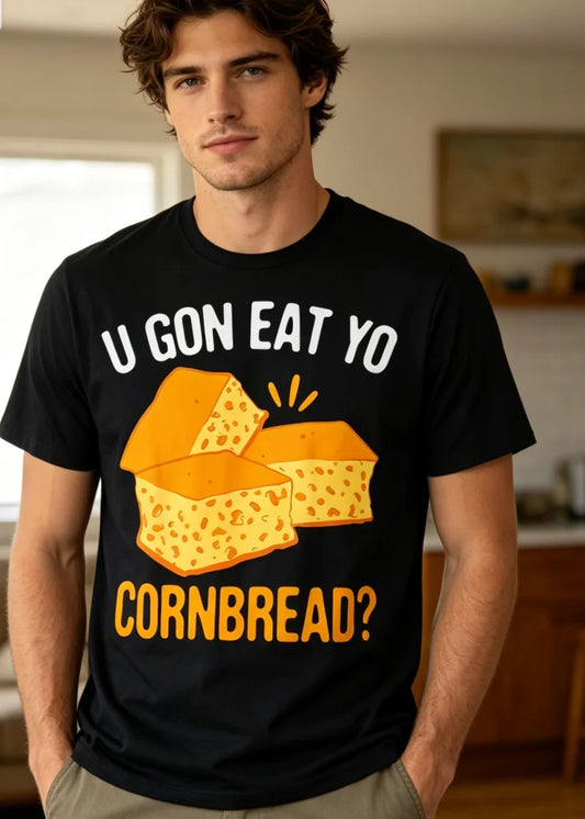 1pc Funny U GON EAT YO CORNBREAD Men'S T-Shirt Butter Graphic Tee Retro Food-Themed Vintage Casual Fit Short Sleeve Round Neck