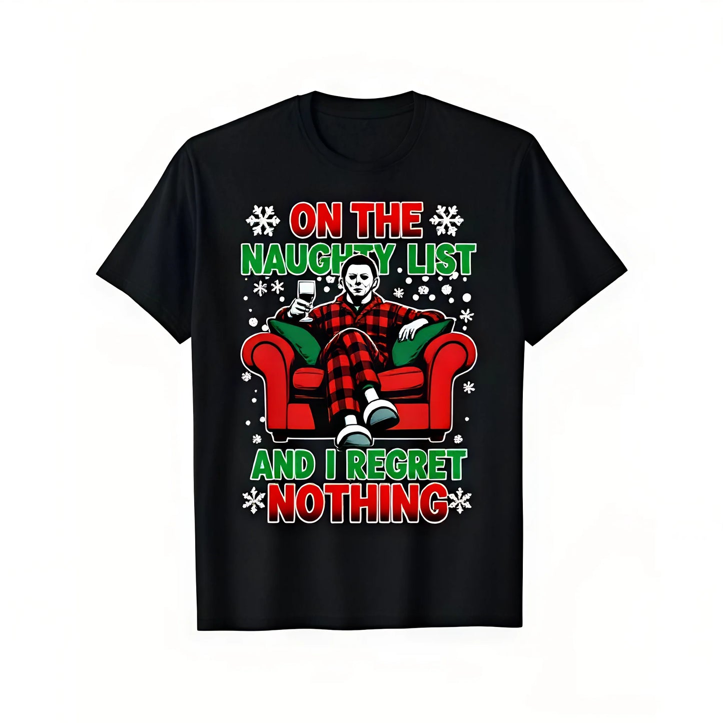 Men's Horror Christmas T-Shirt Funny Naughty List Saying with Red Armchair Design Heavyweight Cotton Halloween Thanksgiving Xmas Party Outfit Adult Graphic Tee Gift for Men Women XXXL Black Shirt with Green & Red Text Machine Washable - Menswear