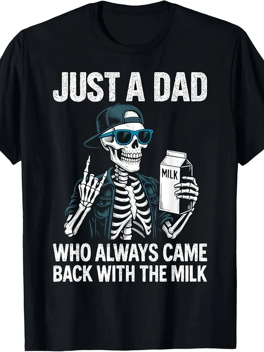 Vintage Dad Joke Print T-Shirt- "The Dad Who Always Brings Back Milk" Fun Women'S Short Sleeve, Milk Delivery Theme Design, Comfortable Casual Fit, Suitable For Father'S Day Gift And Daily Wear