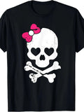 Cute Skull & Crossbones with  Bow Tie Graphic T-Shirt - 100% Cotton 180gsm, Machine Washable Unisex Tee for Men & Women, Black - Edgy Casual Wear & Unique Gift for Dad Mom Friends, Unisex Clothing Edgy Fashion Tee Comfortable Fit, PLUS SIZE