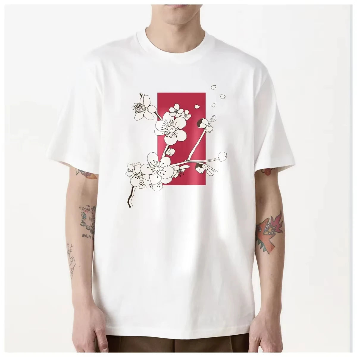 HOT SALE Dongdongjing Cherry Blossom White Crane Fan Beautiful Tee Men T Shirt Women Fashion Soft Comfortable Cotton Casual Top