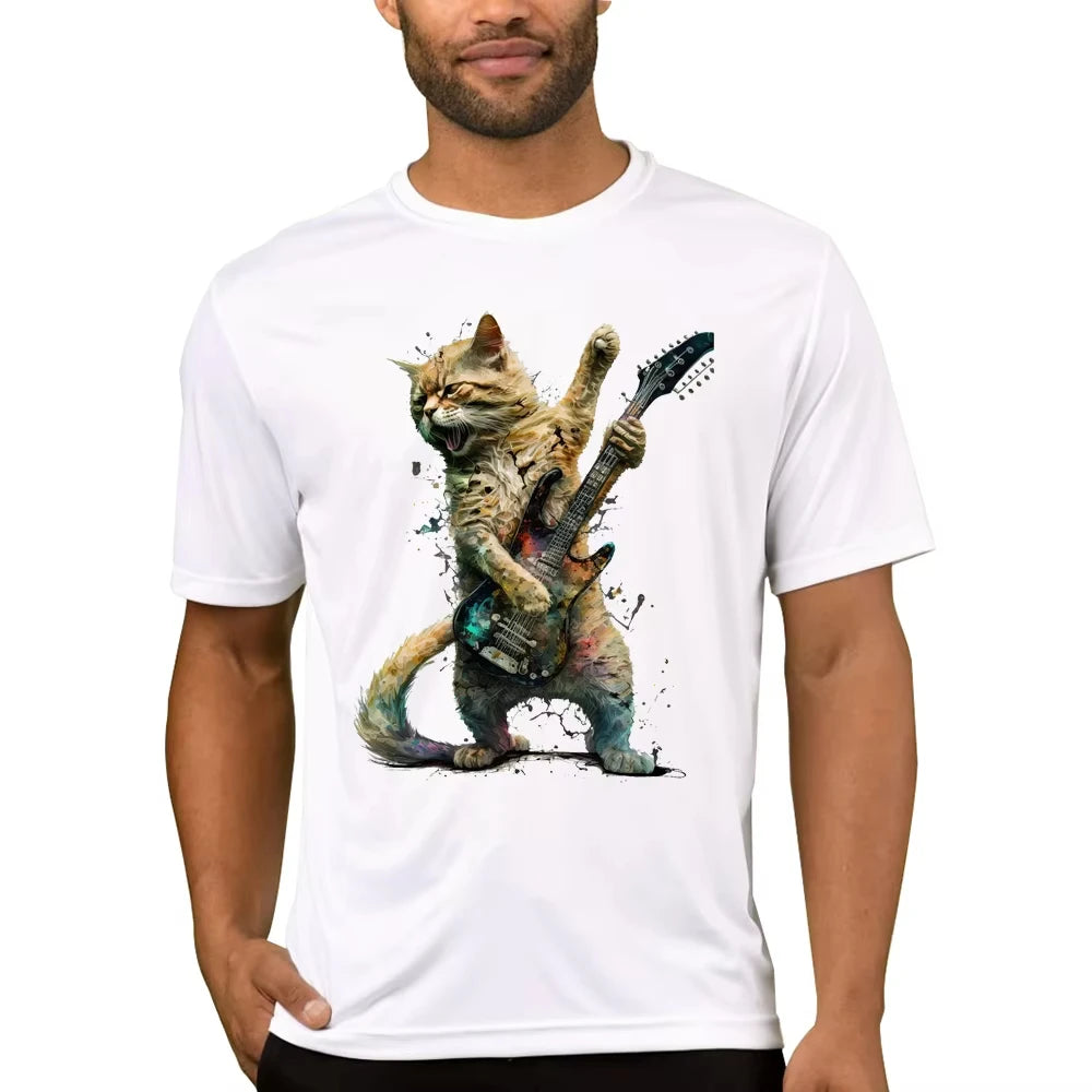 HOT SALE Vintage Cat Play Guitar Men T-Shirt Fashion Streetwear Short Sleeve T Shirts Hipster Music Tee Cool Tops Music Lover