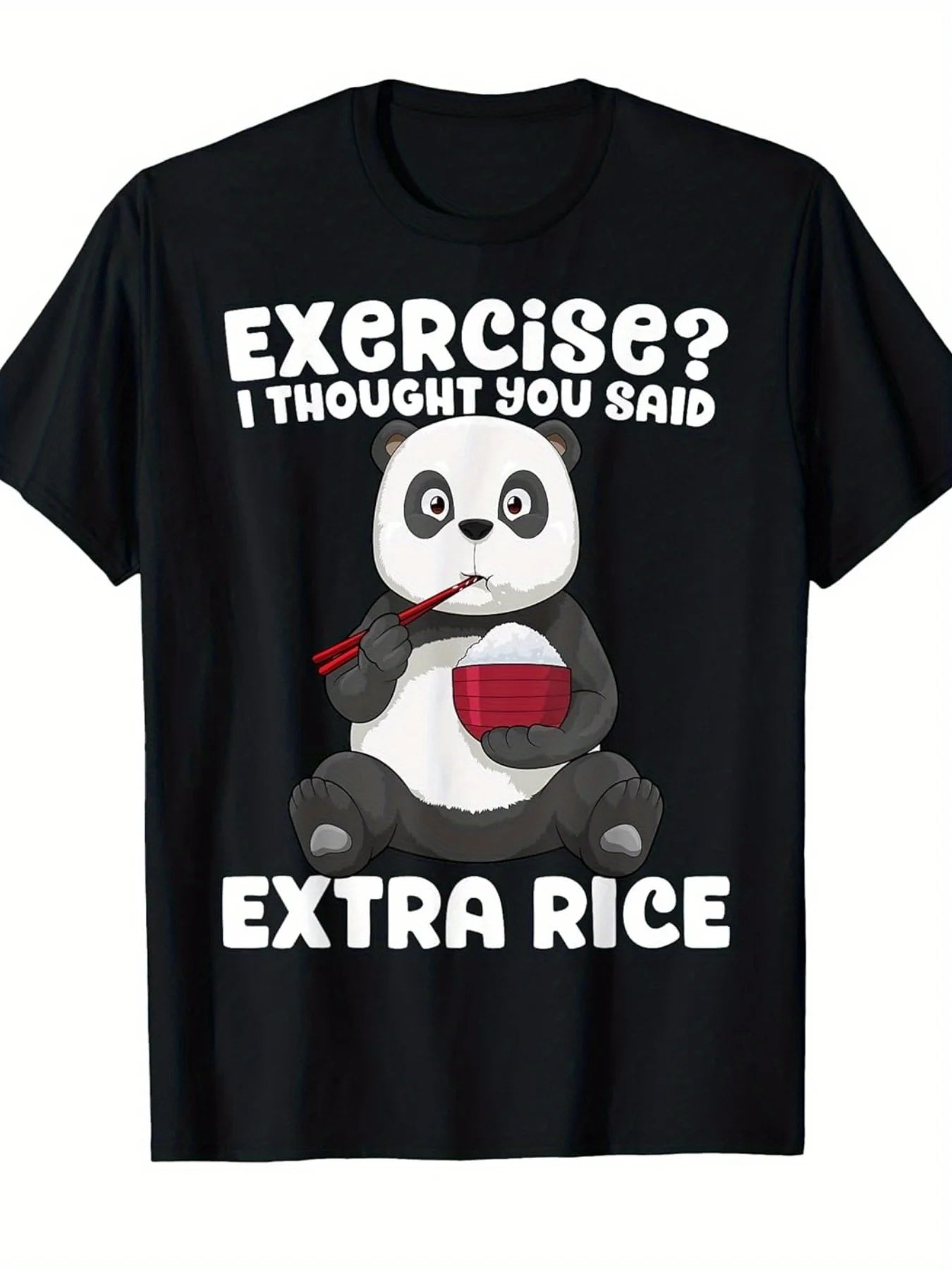 Men's Funny Panda Eating Rice T-Shirt - Retro Asian Humor Tee with "Exercise? I Thought You Said Extra Rice" Print, Short Sleeve Round Neck Casual Shirt Suitable for Gym & Casual Attire, Panda Lover Apparel