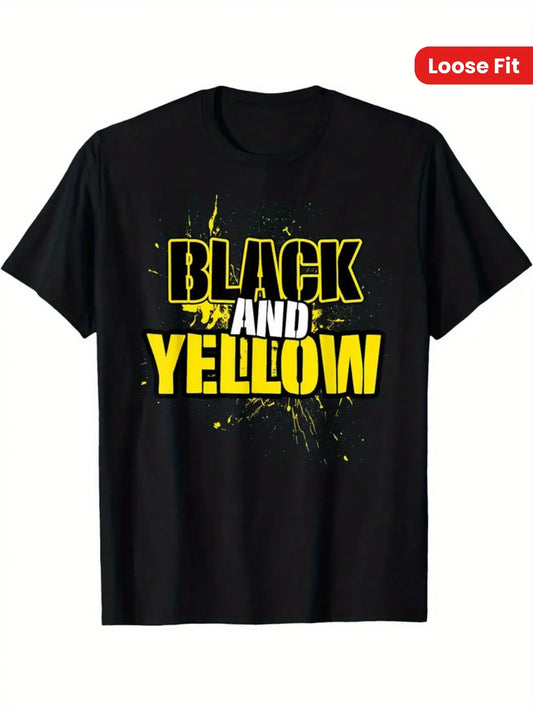 Streetwear Men's Black Graphic T-Shirt Bold Black and Yellow Slogan Print Distressed Typography Splash Ink Statement Design 100% Cotton Heavyweight Short Sleeve Casual Streetwear Tee