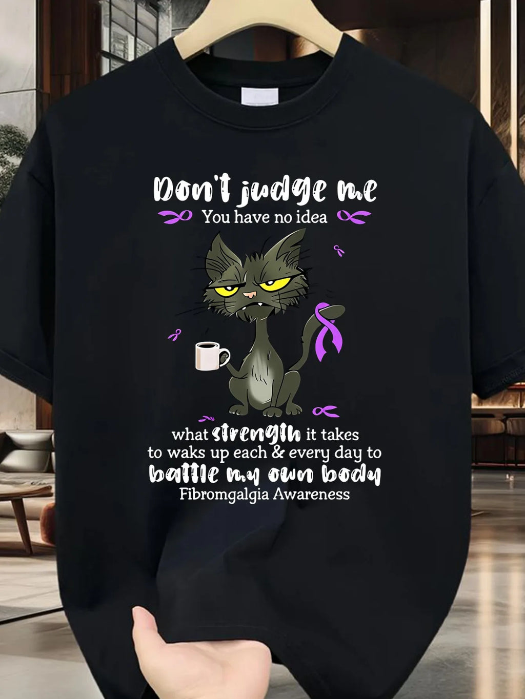 Men' & Women' Fibromyalgia Awareness T-Shirt - Funny Fibro & Don't Judge Me Slogan, Soft Round Neck Short Sleeve, Machine Washable Chronic Illness Apparel Suitable for Men, Moms, Fibro Warriors - Black/Purple Casual Streetwear, PLUS SIZE