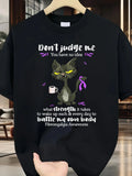 Men' & Women' Fibromyalgia Awareness T-Shirt - Funny Fibro & Don't Judge Me Slogan, Soft Round Neck Short Sleeve, Machine Washable Chronic Illness Apparel Suitable for Men, Moms, Fibro Warriors - Black/Purple Casual Streetwear, PLUS SIZE