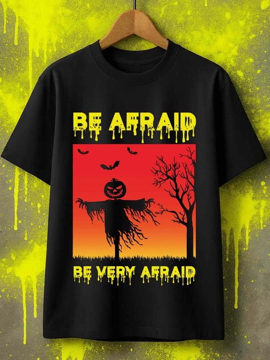 Vintage Men's Black Graphic T-Shirt Scarecrow Pumpkin Face Bats Bare Tree Sunset Horror Slogan Print 100% Cotton Heavyweight Short Sleeve Casual Streetwear Tee