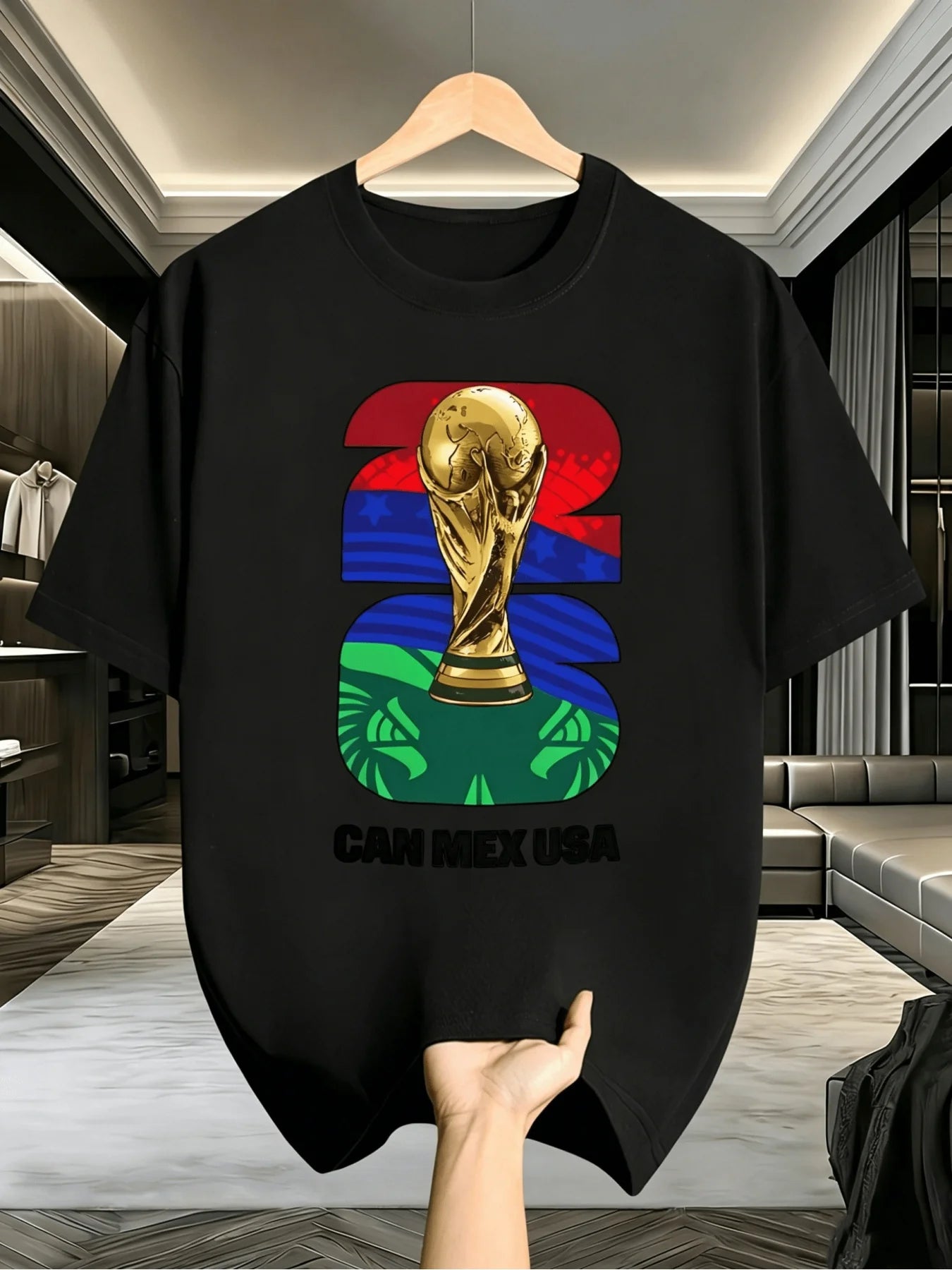 [FIFA World Cup] Single Item: 2026 Usa-Canada World Cup Commemorative T-Shirt, Unisex Short-Sleeve Football Shirt, Made of 100% Fabric, Featuring a Unique Geometric Pattern. This Men'S Crew Neck T-Shirt Is Perfect for Casual Outings And Out