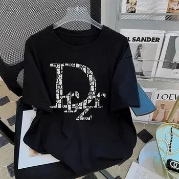 Pure Cotton Simple Letter Sports Short Sleeve T-shirt Men's and Women's Summer American Oversize Loose Couple's Top Clothing