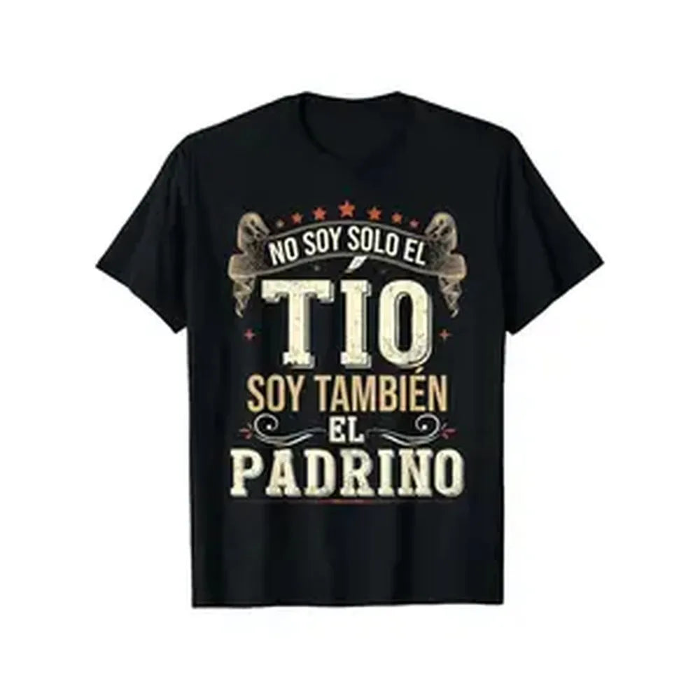 Men's Funny Spanish Graphic T-Shirt - "No Soy Solo El Tío, Soy Tambien El Padrino" Godfather Saying - Black Tee with White & Golden Lettering - Italian Godfather Birthday/Wedding Party Outfit - Soft Breathable Cotton Shirt for Men - Machine Washable Casua