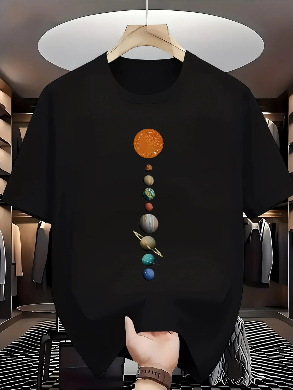 Trendy Men's Black Graphic T-Shirt Solar System Planets Sun Saturn Earth Jupiter Vertical Space Illustration 100% Cotton Heavyweight Short Sleeve Casual Streetwear Tee