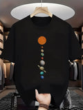 Trendy Men's Black Graphic T-Shirt Solar System Planets Sun Saturn Earth Jupiter Vertical Space Illustration 100% Cotton Heavyweight Short Sleeve Casual Streetwear Tee