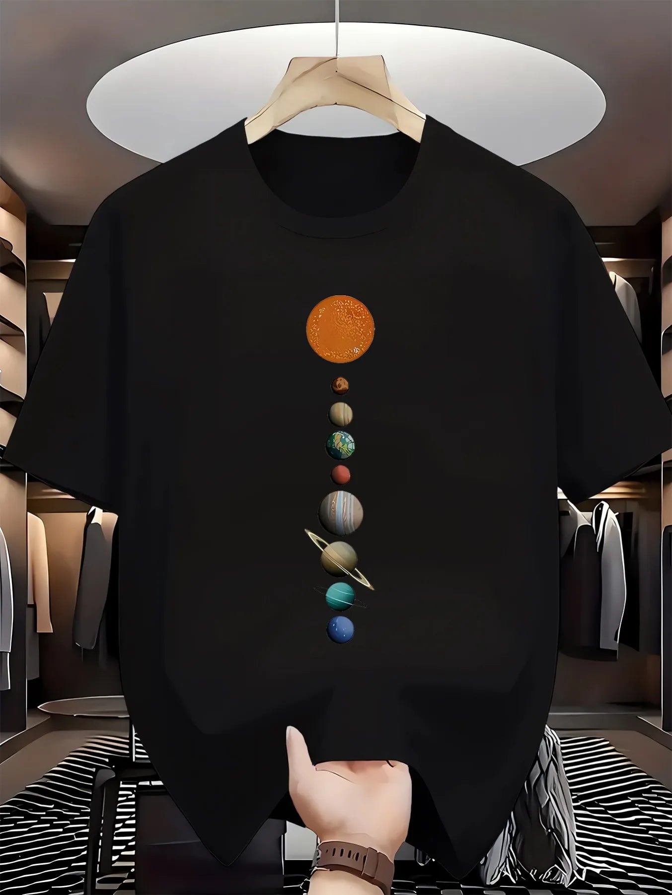 Trendy Men's Black Graphic T-Shirt Solar System Planets Sun Saturn Earth Jupiter Vertical Space Illustration 100% Cotton Heavyweight Short Sleeve Casual Streetwear Tee