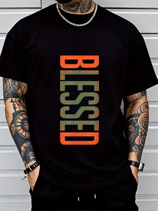 BOLD GEOMETRIC LETTERS: Men's BLESSED 3D Printed T-Shirt - Breathable Comfortable Fit, Machine Washable Casual Short Sleeve Top, Casual Wear, Modern Casual Clothing, Plus Size