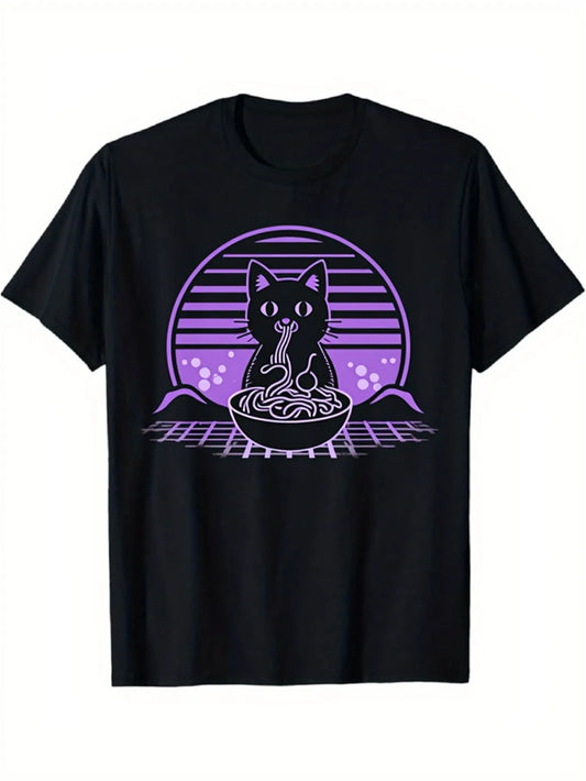 Retro Men's Black Graphic T-Shirt Cat Eating Noodles Bowl Purple Sunset Stripes Grid Cute Animal Vintage Print 100% Cotton Heavyweight Short Sleeve Casual Streetwear Tee